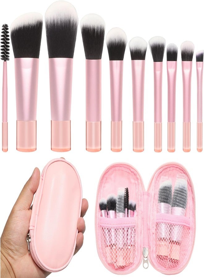 Rimoev 10 Pcs Mini Travel Makeup Brush Set with Pouch, Foundation, Eyeshadow, Blush, Highlighter, Angled Brow & Mascara Brushes - Soft Synthetic Fiber Brushes for On-The-Go & Daily Makeup (Pink) - Image 1